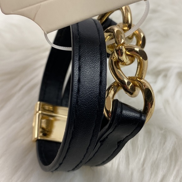 a new day Jewelry - 4/$20 A New Day Black Faux Leather Wrap Bracelet with Gold Chain Links Bracelet